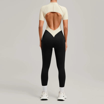 SOISOU Zipper Jumpsuit Women Nylon Clothing Sportswear Woman Gym Yoga Sport Sets Short Sleeve Workout Sets Women Tracksuit