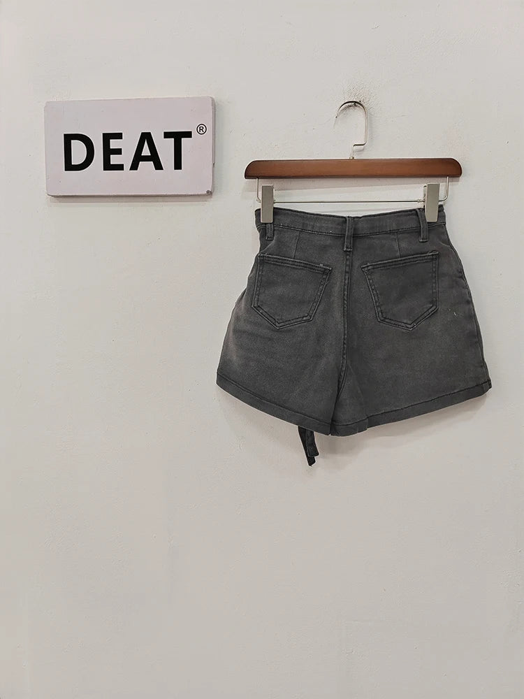 DEAT Fashion Women's Denim Shorts High Waist Zipper Lace Strap Pockets Fake 2 Pcs Green Shorts Skirts Summer 2024 New 17A6200