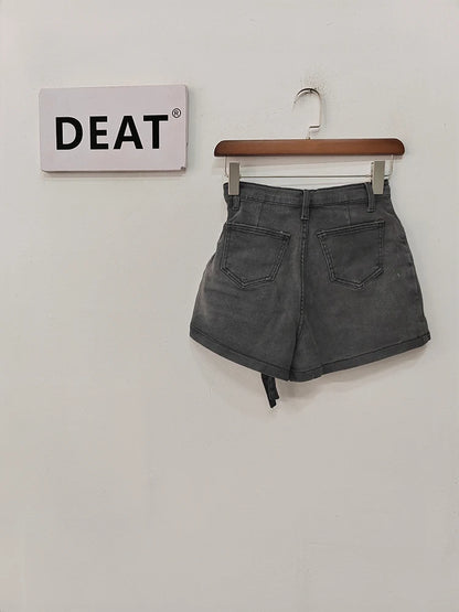 DEAT Fashion Women's Denim Shorts High Waist Zipper Lace Strap Pockets Fake 2 Pcs Green Shorts Skirts Summer 2024 New 17A6200