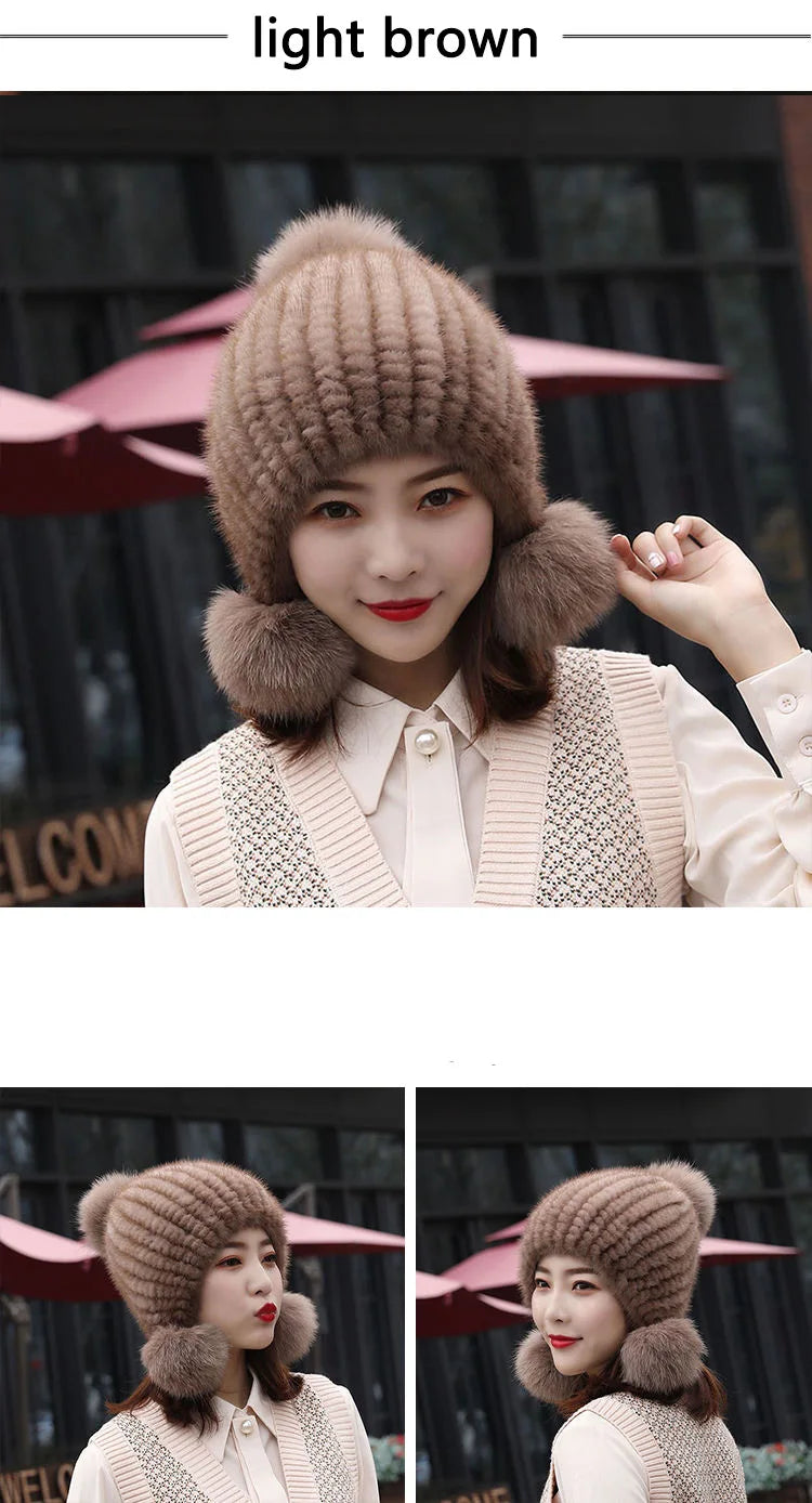 Fashion Women Real mink hat Winter warm mink fur knit hats Women fox fur ball cap