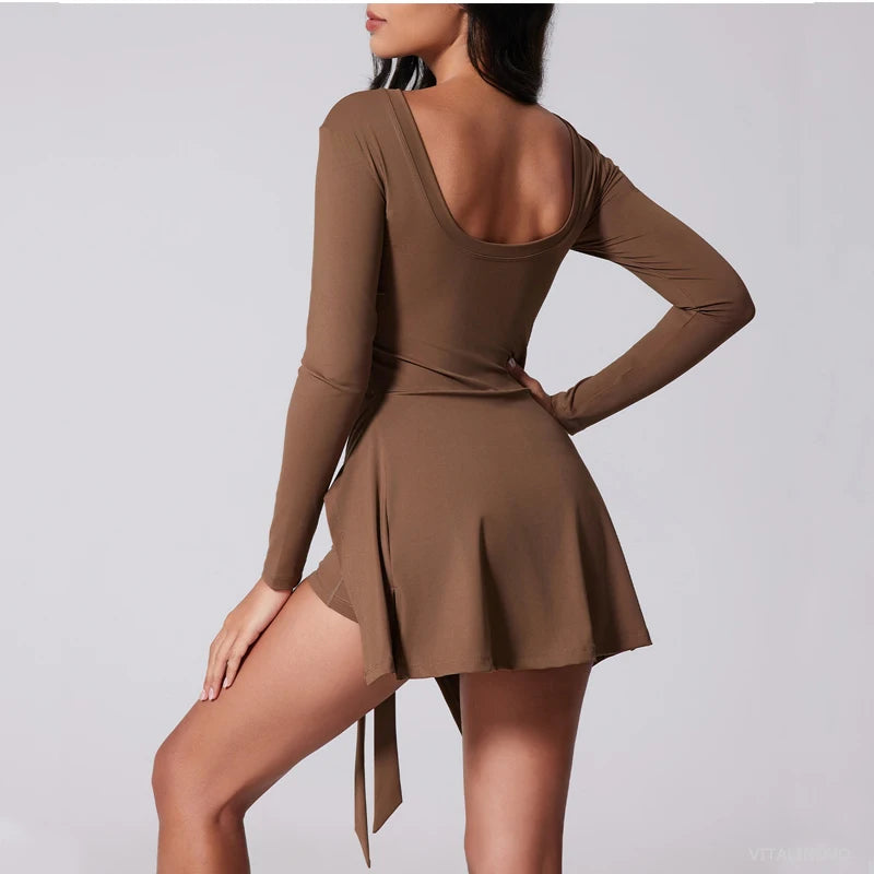 VITALINOVO Womens High Neck Tennis Dress Long Sleeve Sarong Wrap Skirt Built in Shorts Golf Athletic Dress Workout Rompers
