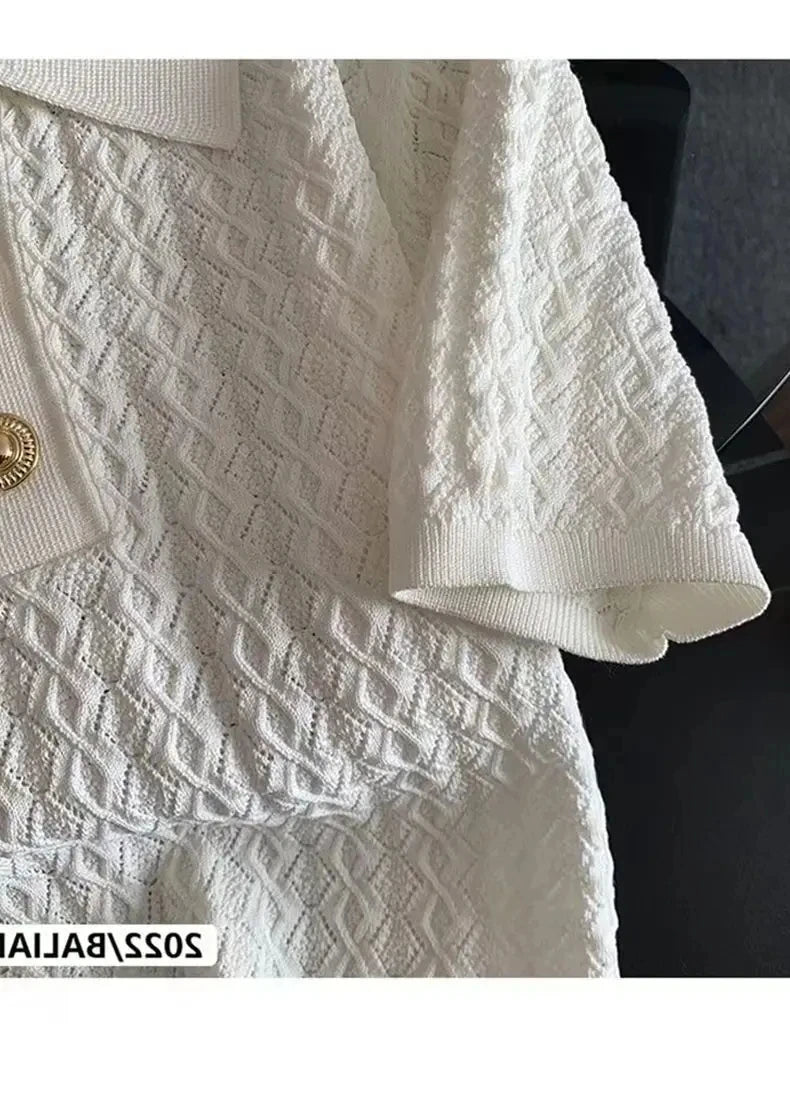 Ice Silk Polo Shirt Knitted Short Sleeve T-Shirt Summer Chic Thin Unique Jacquard Women Tops 2026 Korean Style Women’s Clothing