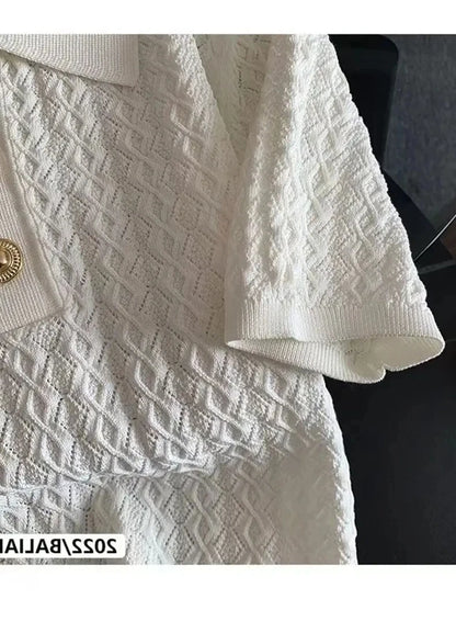 Ice Silk Polo Shirt Knitted Short Sleeve T-Shirt Summer Chic Thin Unique Jacquard Women Tops 2026 Korean Style Women’s Clothing