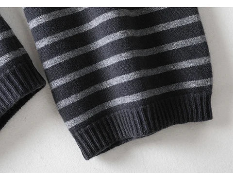 Women's Spring and Autumn 100% Merino Wool 90 Count Knitted Striped Wide Leg Pants