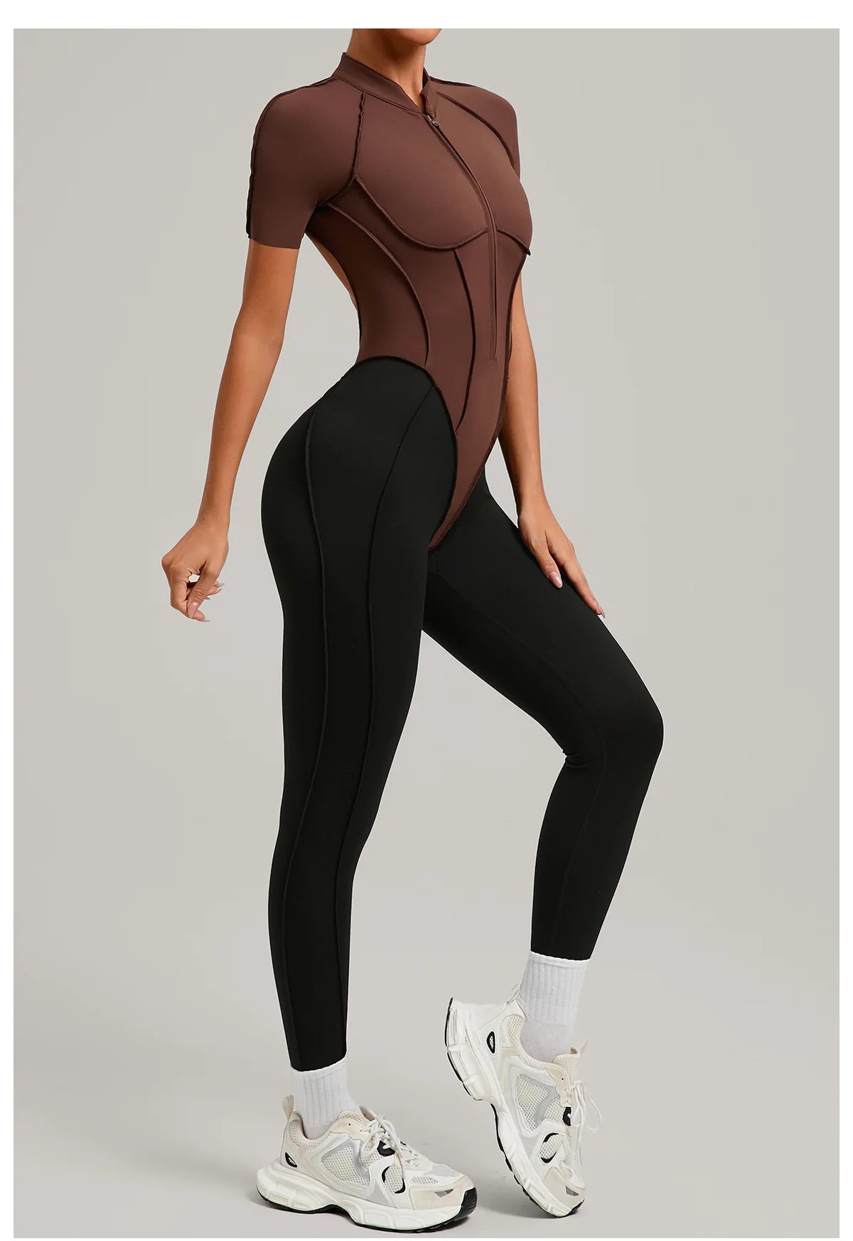 SOISOU Zipper Jumpsuit Women Nylon Clothing Sportswear Woman Gym Yoga Sport Sets Short Sleeve Workout Sets Women Tracksuit