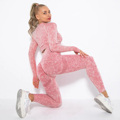 Women Seamless Tracksuit Yoga Set 2PCS Workout Clothes Athletic Wear Gym Legging Fitness Bra Crop Top Long Sleeve Sports Suits