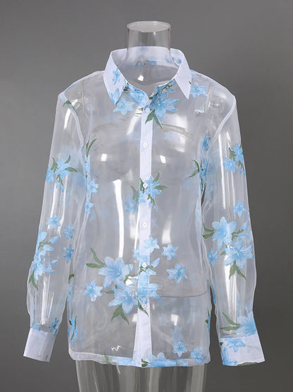 DEAT Fashion Floral Print Sheer Organza Shirt Women's Lapel Loose Light Blue Blouse Summer New