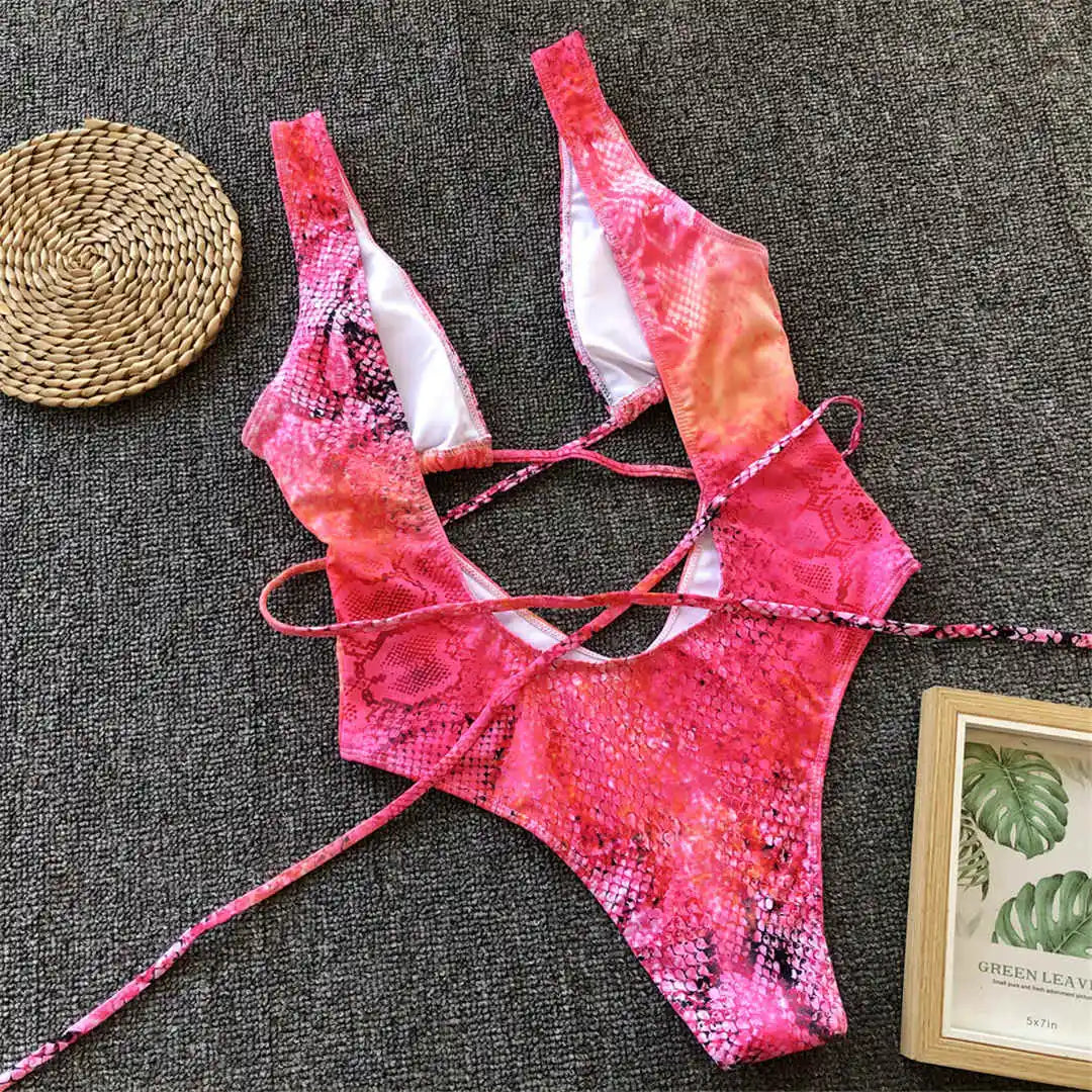 Sexy Bandage Wrap Around Tummy Cut Out Deep V Monokini One Piece Swimsuit Women Swimwear Female Bather Bathing Suit Swim V1037