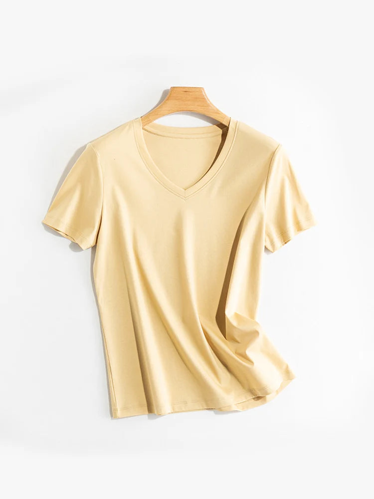 SuyaDream Women Solid T shirts, Silk Cotton Blend, O Neck, Short Sleeved Solid Tee,2025 Summer Candy Colors Basic Cozy Top Green