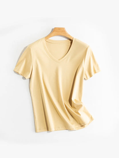 SuyaDream Women Solid T shirts, Silk Cotton Blend, O Neck, Short Sleeved Solid Tee,2025 Summer Candy Colors Basic Cozy Top Green