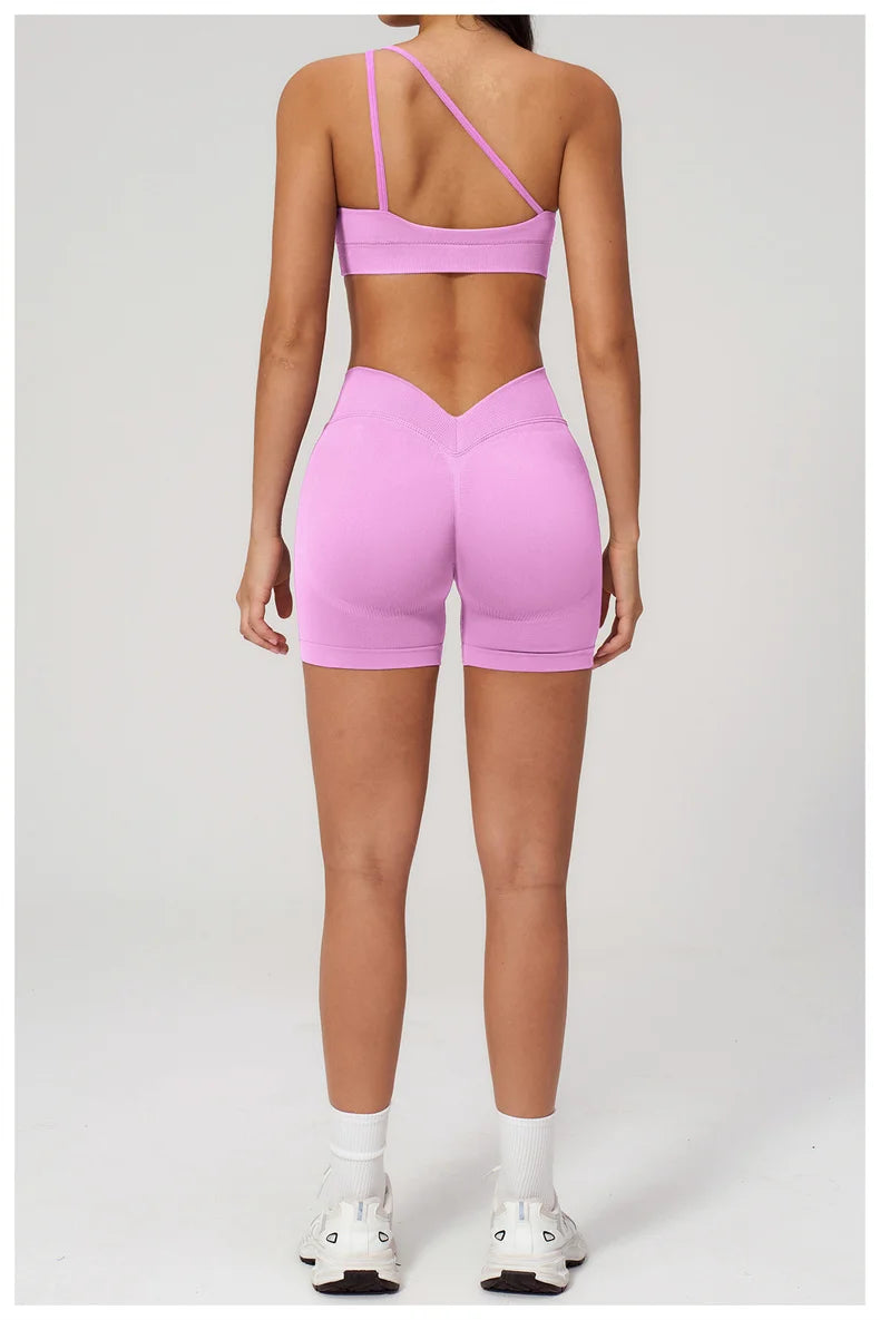 TRY TO BN Seamless Two Pieces Women's Tracksuit Yoga Shorts Set One-shoulder Hollow Backless Fitness Running Workout Gym Clothes