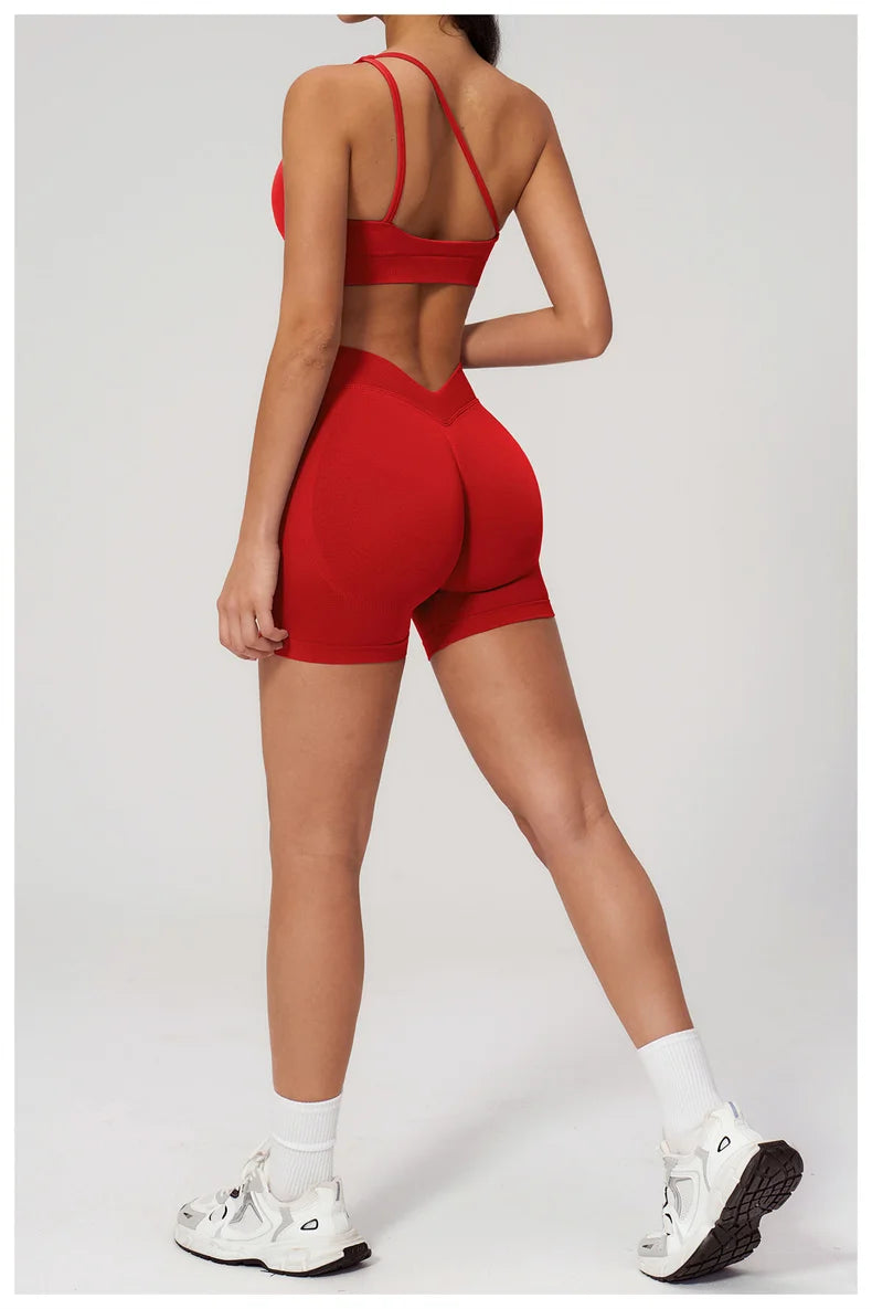 TRY TO BN Seamless Two Pieces Women's Tracksuit Yoga Shorts Set One-shoulder Hollow Backless Fitness Running Workout Gym Clothes