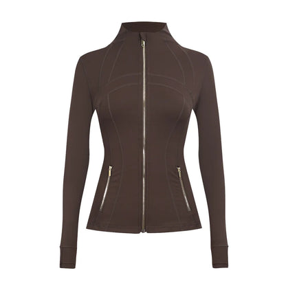 Personalized LOGO custom women's gold zip jacket tight stand-up collar quick-drying fitness running yoga suit 41-color S-3XL top