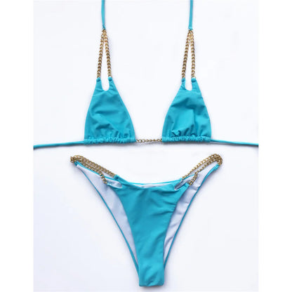 7 Colors Sexy Halter Bikini Female Swimsuit Women Swimwear Two-pieces Bikini set Metal Chain Bather Bathing Suit Swim Lady V2362