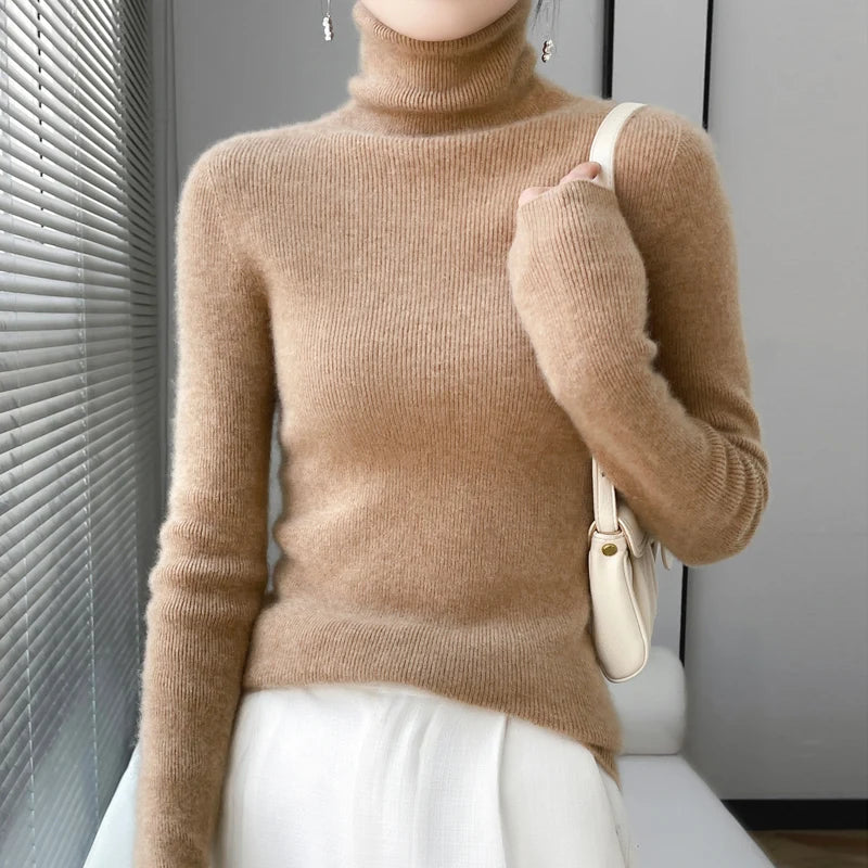100% Merino Wool Long-sleeved Turtleneck Pullover Women's Autumn Winter Slim Sweater Basic Women's Clothes Cashmere Sweater