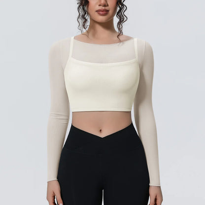 Hearuisavy Women's Mesh Long Sleeve Yoga Top With Padded Bra Fake Two Piece Gym Clothing Fitness Top Quick Dry Sports Crop Top