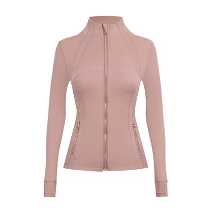 Personalized LOGO custom women's gold zip jacket tight stand-up collar quick-drying fitness running yoga suit 41-color S-3XL top