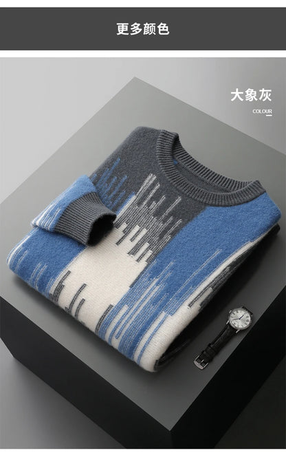 Men's 100% Merino Wool Color-Blocked O-Neck Sweater Long Sleeves Fashion Pullover Cashmere Loose Soft Warm Leisure Clothing Top