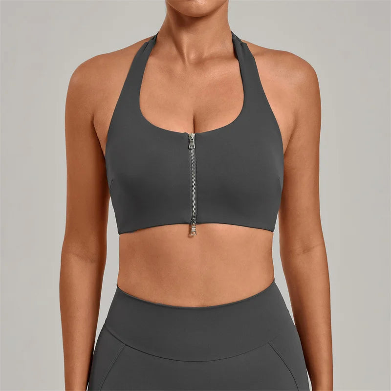 TRY TO BN Yoga Sports Bra Women's Zipper Halter Neck Naked Feeling Backless Underwear Fitness Tops Workout Running Gym Clothing