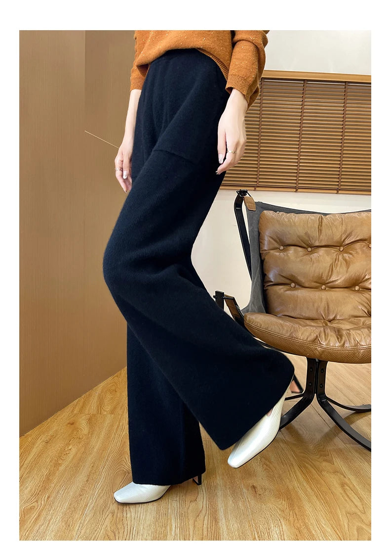 DjzDsm Women's Autumn Spring Knitted Floor-Length Wide Leg Pants 100% Merino Wool Long Trousers