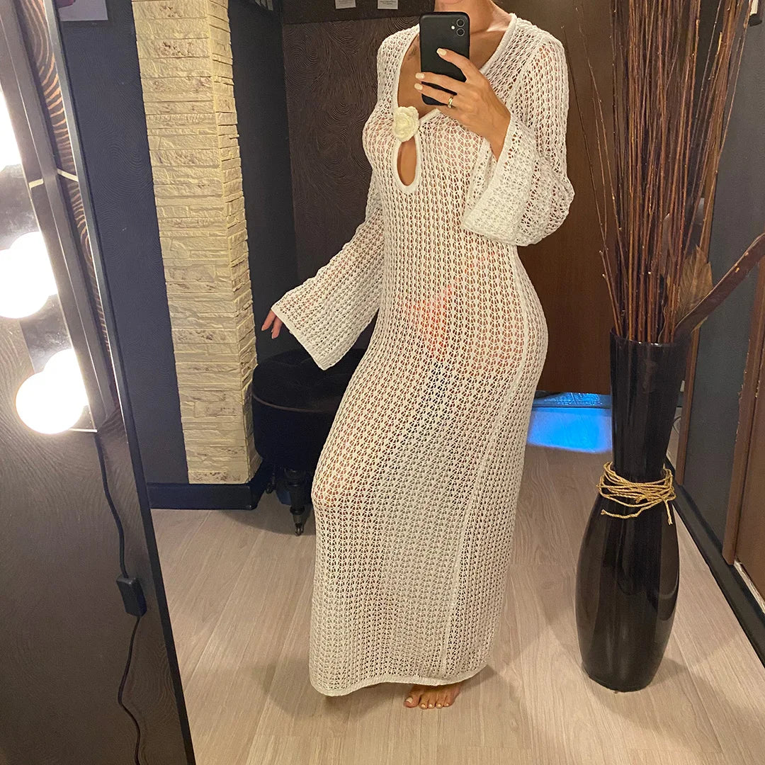 3D Flower V Neck Long Sleeve Crochet Knitted Tunic Beach Cover Up Cover-ups Beach Dress Beach Wear Beachwear Female Women V5852