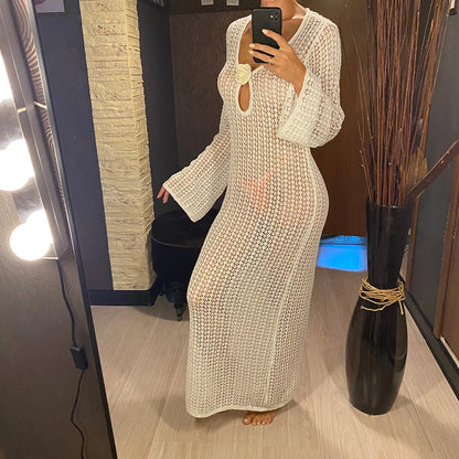 3D Flower V Neck Long Sleeve Crochet Knitted Tunic Beach Cover Up Cover-ups Beach Dress Beach Wear Beachwear Female Women V5852