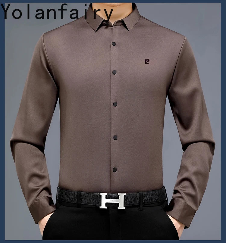 YOLANFAIRY 100% Mulberry Silk Long Sleeve Shirt Man Spring Autumn Casual Silk Mens Shirts Warm Male White Shirt chemises hommes