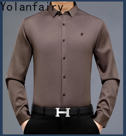 YOLANFAIRY 100% Mulberry Silk Long Sleeve Shirt Man Spring Autumn Casual Silk Mens Shirts Warm Male White Shirt chemises hommes