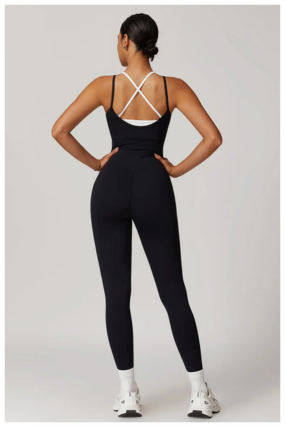Color Blocked Jumpsuit Gym Set Women Yoga Suit Back Cross Sportswear Women Sports Jumpsuit Fitness Rompers Workout Bodysuits