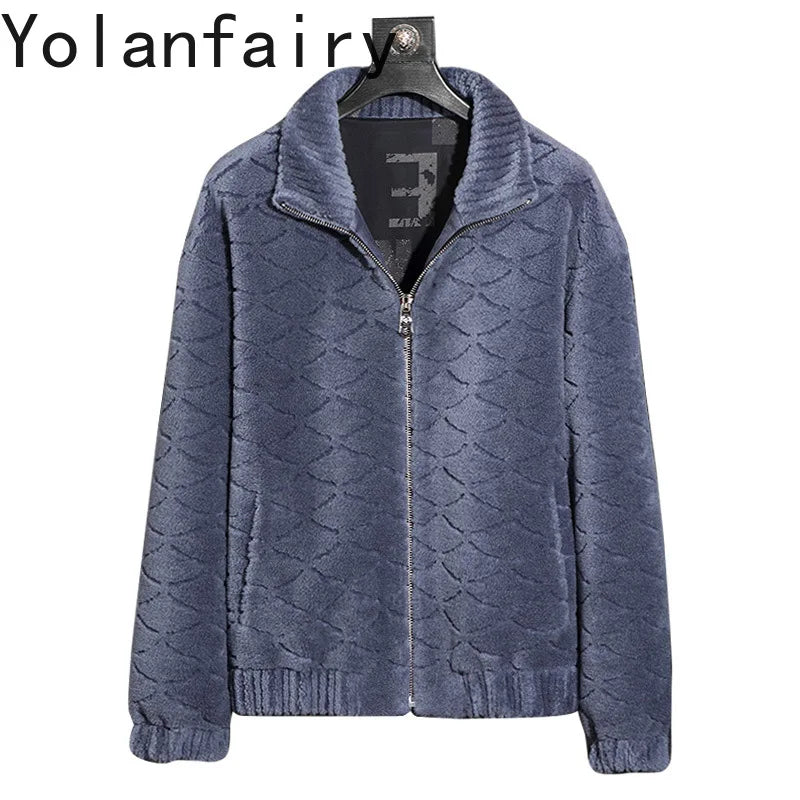 YOLANFAIRY Winter 100% Sheep Shearing Jacket Man Clothing Fashion Stand Collar Granular Lamb Fur Coat Men's Jackets chaqueta