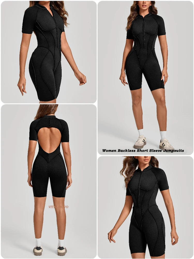 VITALINOVO Women Short Sleeve Workout Jumpsuit Backless Zip Up Romper Bottom Shorts Built-in Bra Bodysuit Bodycon Sexy One Piece
