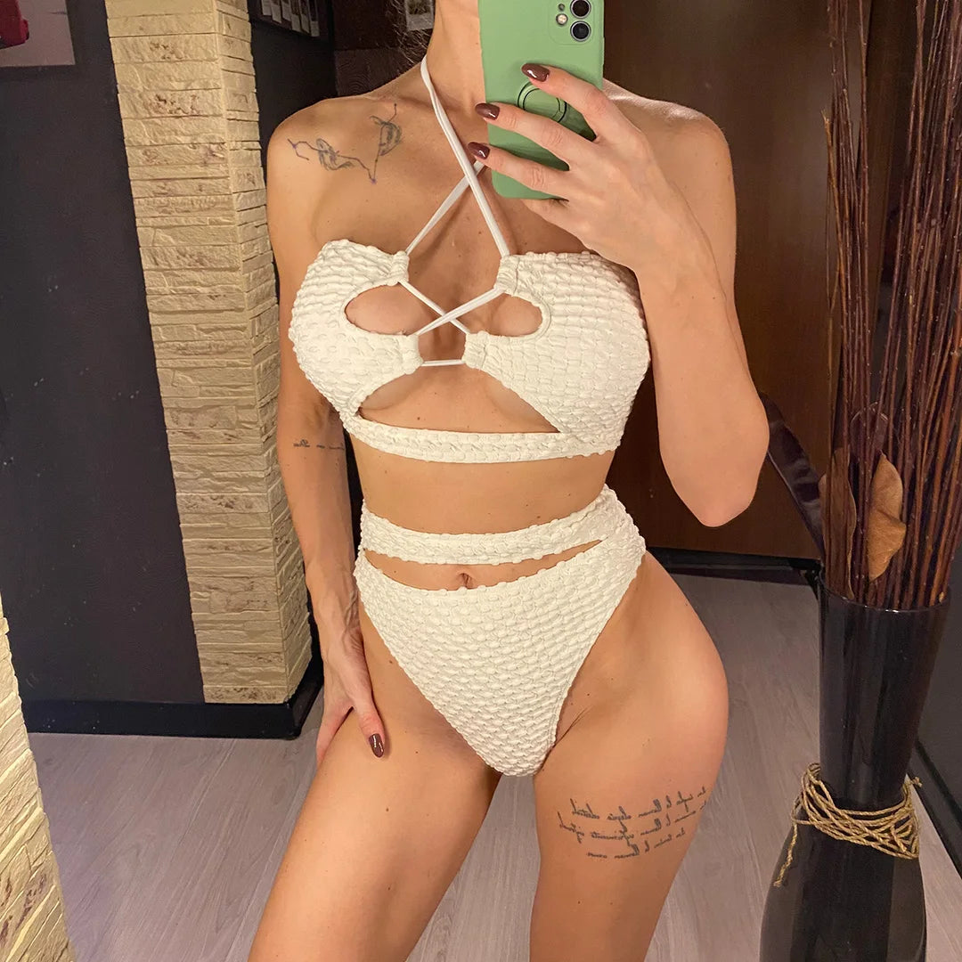 Halter Cut Out Wrinkled Female Swimsuit High Waist Bikini Women Swimwear Two-pieces Bikini set Bather Bathing Suit Swim V4978