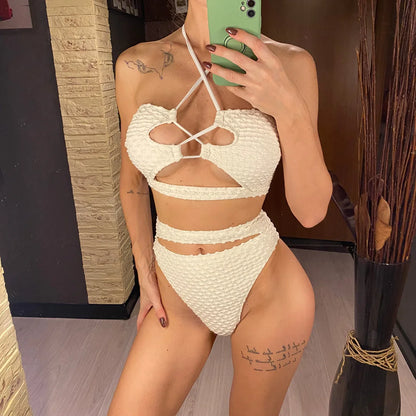 Halter Cut Out Wrinkled Female Swimsuit High Waist Bikini Women Swimwear Two-pieces Bikini set Bather Bathing Suit Swim V4978