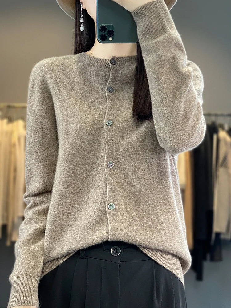 100% Merino Wool Sweater Women O-Neck Cardigan Basic Style  Buttoned Knitwear Female Casual Autumn Winter Soft Tops