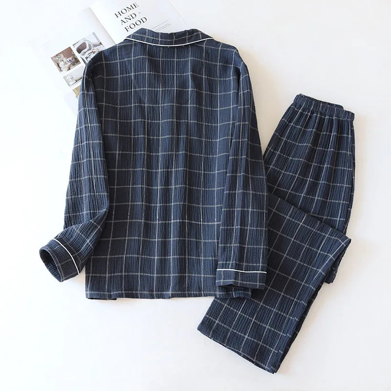 New men's plaid home service suit 100% cotton crepe cloth pajamas long-sleeved trousers simple two-color plus size home service
