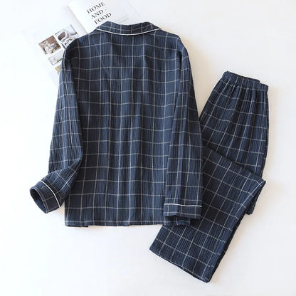 New men's plaid home service suit 100% cotton crepe cloth pajamas long-sleeved trousers simple two-color plus size home service