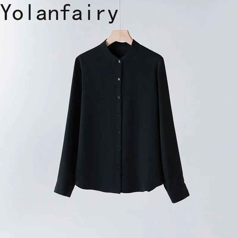 YOLANFAIRY 93% Natural Mulberry Silk Shirts Woman 2026 Stand Collar Long Sleeve Blouse Women Elegant White Shirt OL Ladies Tops