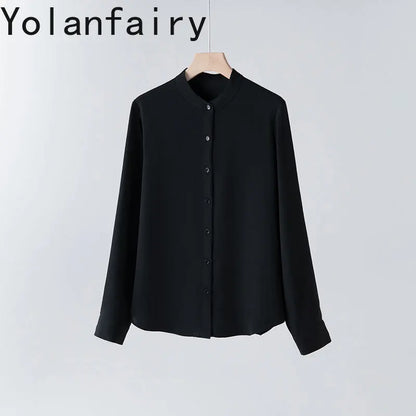 YOLANFAIRY 93% Natural Mulberry Silk Shirts Woman 2026 Stand Collar Long Sleeve Blouse Women Elegant White Shirt OL Ladies Tops