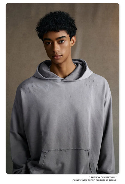 Custom LOGO men's 2025 autumn 370G heavy 100% cotton gradual change hole hooded sweater straight trousers set