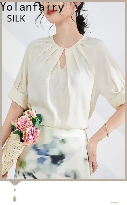 YOLANFAIRY 100% Real Mulberry Silk T Shirts for Women Summer 2026 Short Sleeve Tops O-neck Elegant Blouse Woman Tee Shirt Femme