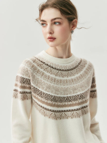 CHICUU Women Autumn Winter O-neck Vintage Style Pullover Sweater 100% Cashmere Knitwear Thick Warm Jacquard Knitting Sweater Top