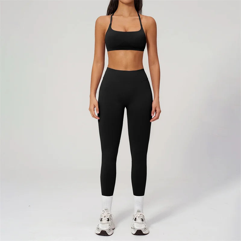TRY TO BN Women Tracksuit 2 Piece Yoga Set Cross Bra High Waist V Waist Leggings Tummy Control Butt Lifting Workout Running Gym