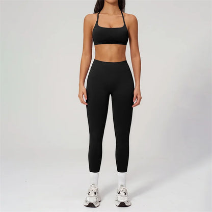 TRY TO BN Women Tracksuit 2 Piece Yoga Set Cross Bra High Waist V Waist Leggings Tummy Control Butt Lifting Workout Running Gym