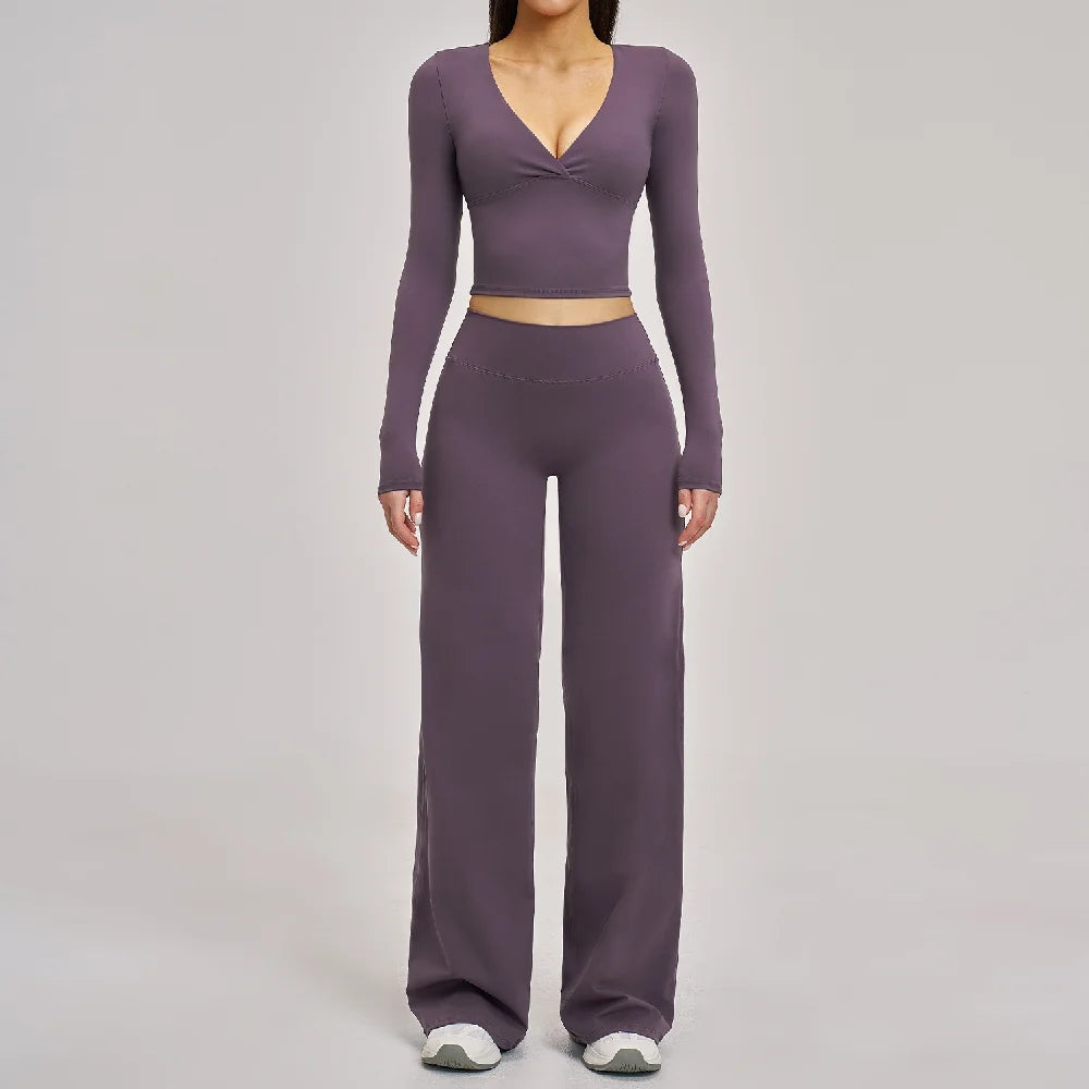 2PCS Yoga Set Women Tracksuits Workout Outfits Sportswear Gym Clothing Female Fitness Long Sleeve High Waist Leggings Yoga Suit