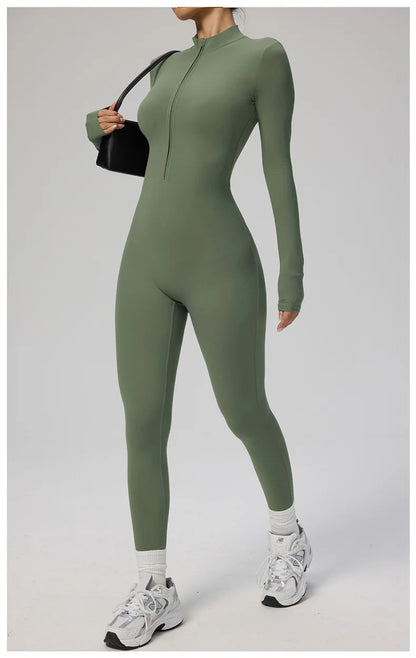 TRY TO BN Women's Jumpsuit Long Sleeve Zipper Shapewear Bodysuit Yoga Fitness One Piece Tights Gym Clothing Mono Deportivo Mujer