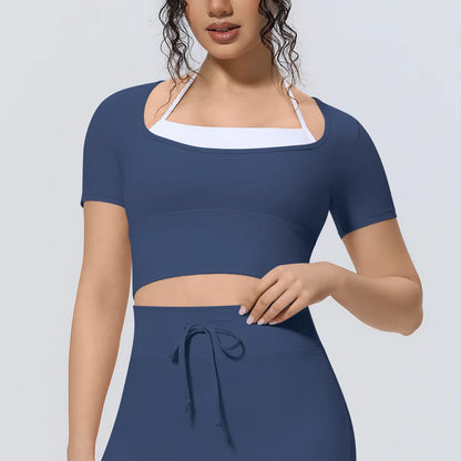 Yoga Sexy Dance Clothes High Elastic Sports T-shirt Women Fitness Top Short Sleeves Running Shirts Gym Push Up Workout Top Tee
