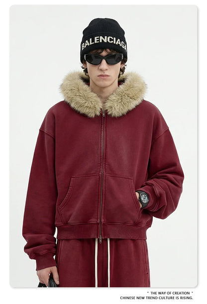 Custom LOGO Men's 400G Autumn Winter Retro Washed Boxy Fleece Collar Plush Thickened  Hooded  Zipper Jacket Couple style set
