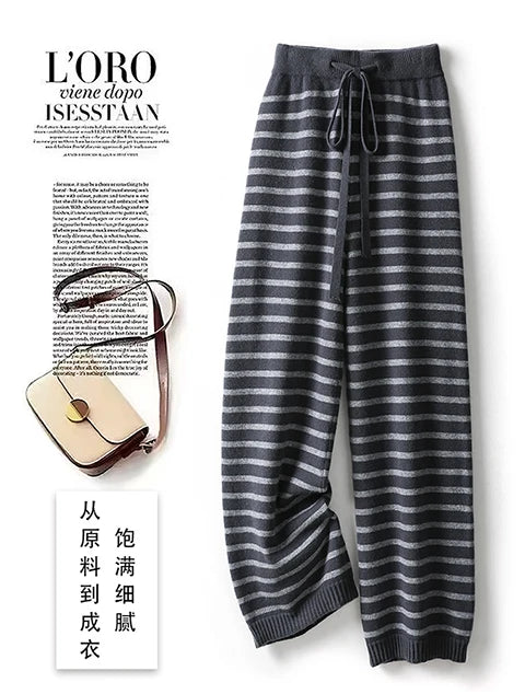 Women's Spring and Autumn 100% Merino Wool 90 Count Knitted Striped Wide Leg Pants