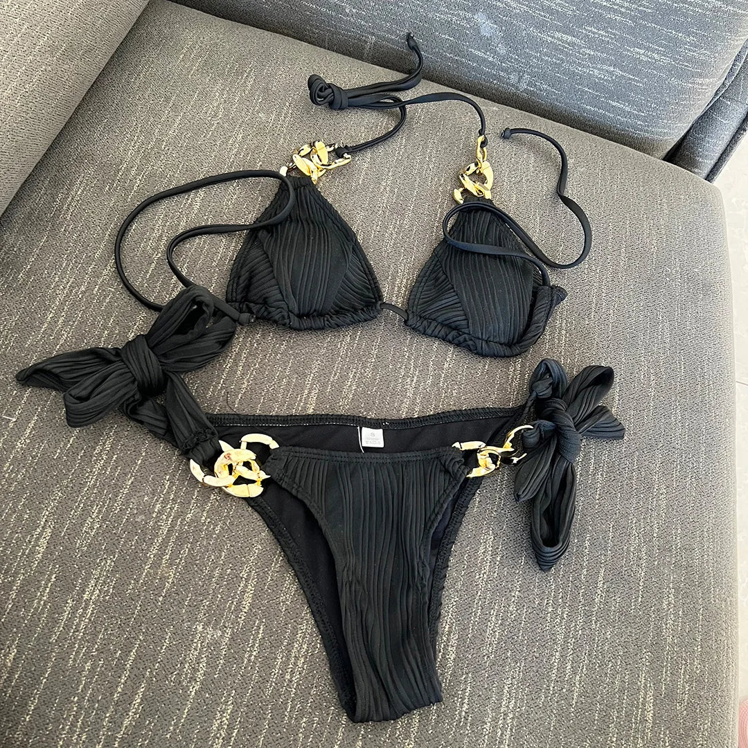 Metal Rings Halter Wrinkled Bikini Female Swimsuit Women Swimwear Two-pieces Bikini set Bather Bathing Suit Swim Lady V4149SW