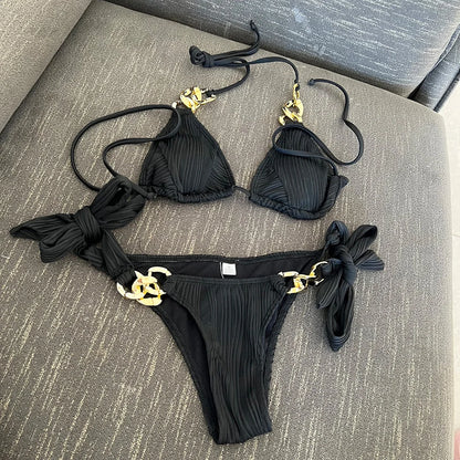 Metal Rings Halter Wrinkled Bikini Female Swimsuit Women Swimwear Two-pieces Bikini set Bather Bathing Suit Swim Lady V4149SW